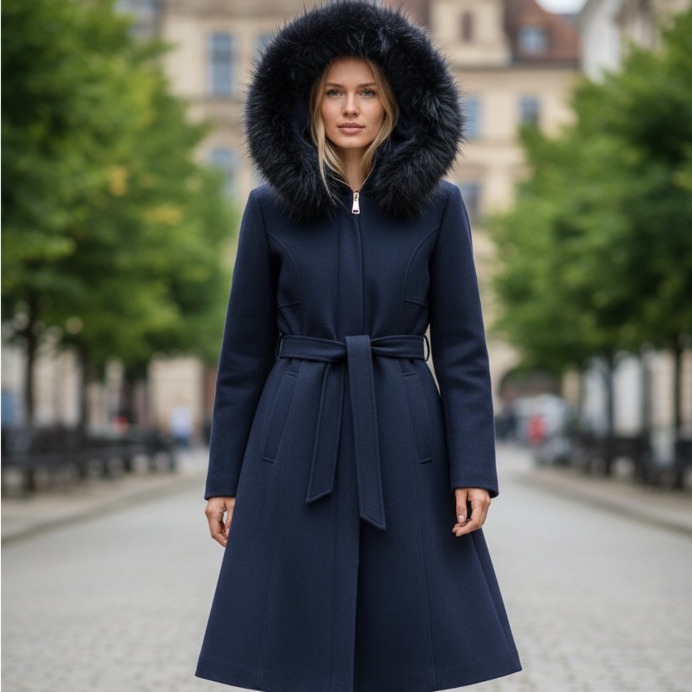 Shelli Segal Women’s Wool Navy Wrap Coat With Hood Size Med Full Zip Warm